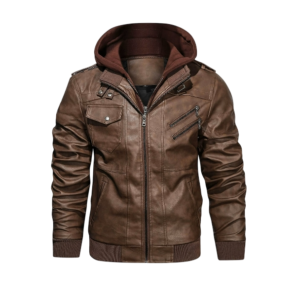 Men’s Leather Moto Jacket Removable Hood Dark Brown