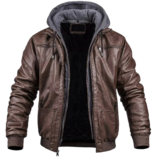Men’s Coffee Faux Leather Moto Jacket with Removable Hood