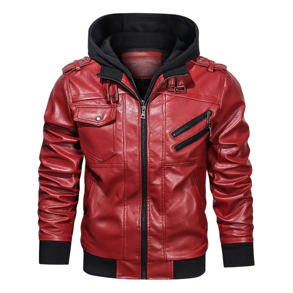 Men’s Leather Moto Jacket Removable Hood Red