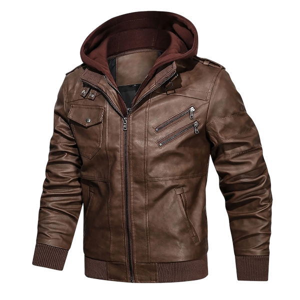 Men’s Leather Moto Jacket Removable Hood Dark Brown - Image 2
