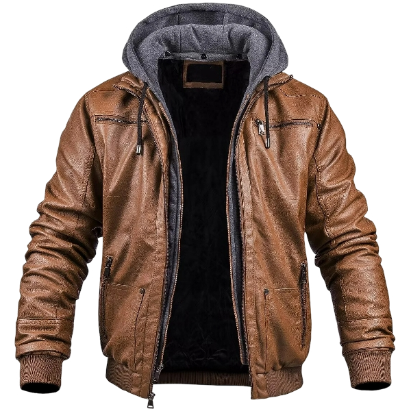 Men’s Leather Biker Jacket Adjustable Hood Brown