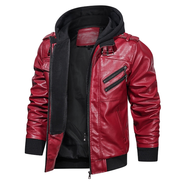 Men’s Leather Moto Jacket Removable Hood Red - Image 3