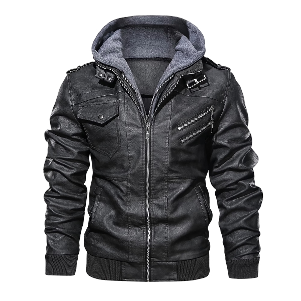 Men’s Faux Leather Motorcycle Jacket with Removable Hood Black
