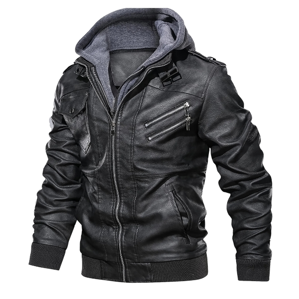 Men’s Faux Leather Motorcycle Jacket with Removable Hood Black - Image 3