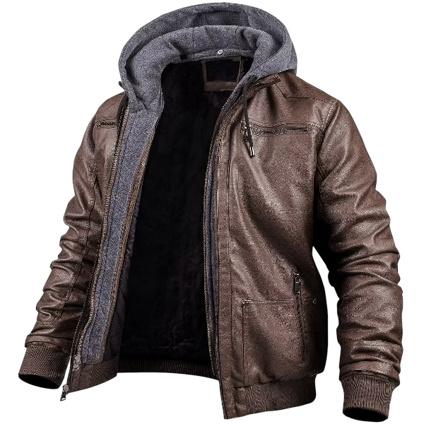 Men’s Coffee Faux Leather Moto Jacket with Removable Hood - Image 3