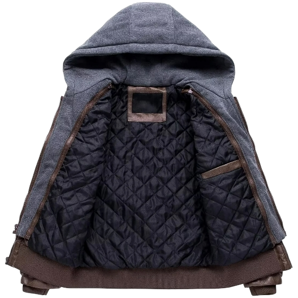 Men’s Coffee Faux Leather Moto Jacket with Removable Hood - Image 2