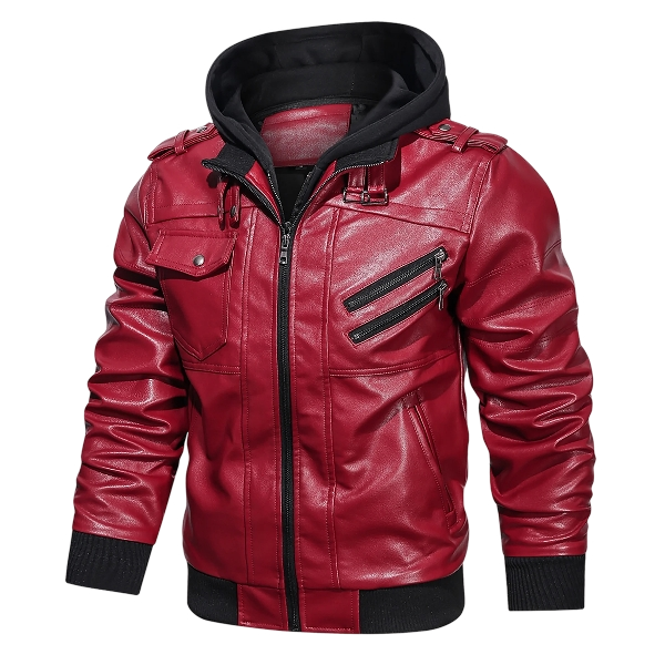 Men’s Leather Moto Jacket Removable Hood Red - Image 2