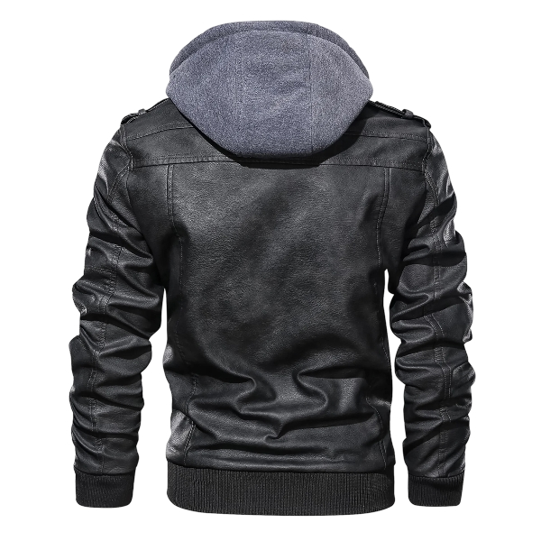 Men’s Faux Leather Motorcycle Jacket with Removable Hood Black - Image 2
