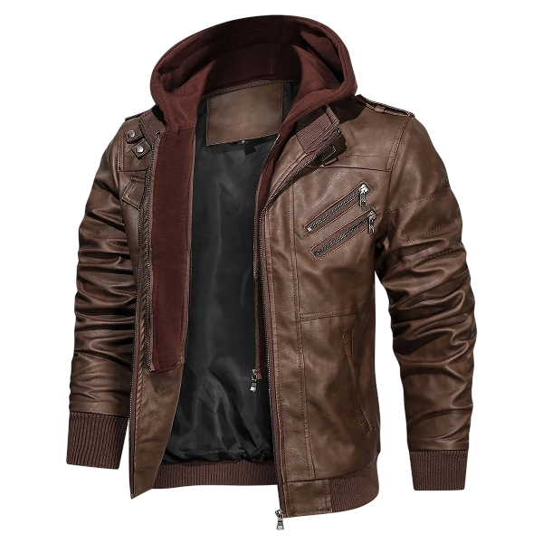 Men’s Leather Moto Jacket Removable Hood Dark Brown - Image 3