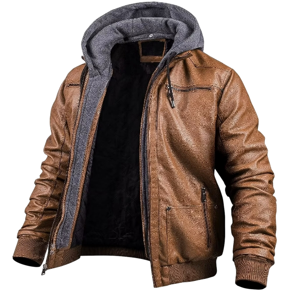 Men’s Leather Biker Jacket Adjustable Hood Brown - Image 2