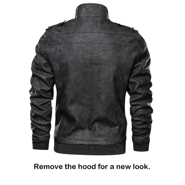 Men’s Faux Leather Motorcycle Jacket with Removable Hood Black - Image 4