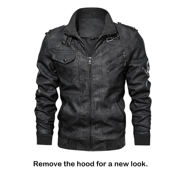 Men’s Faux Leather Motorcycle Jacket with Removable Hood Black - Image 5