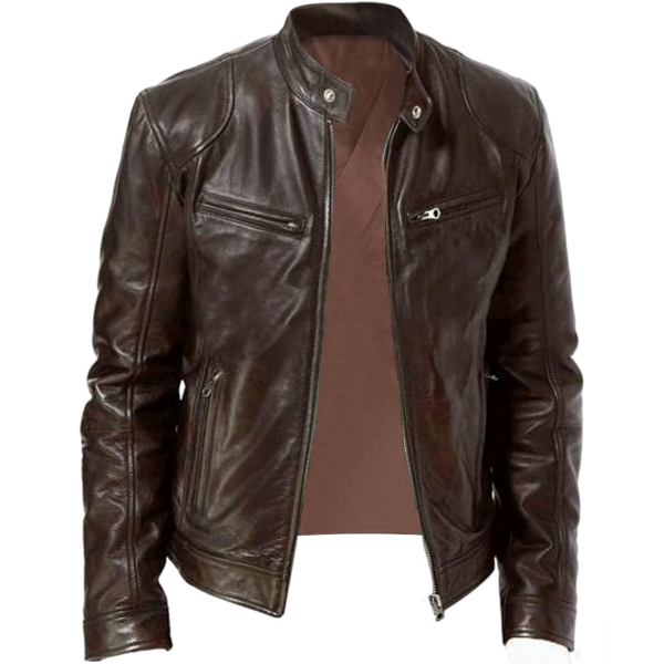 Men’s Vintage Moto Leather Jacket Stand Collar - Image 4