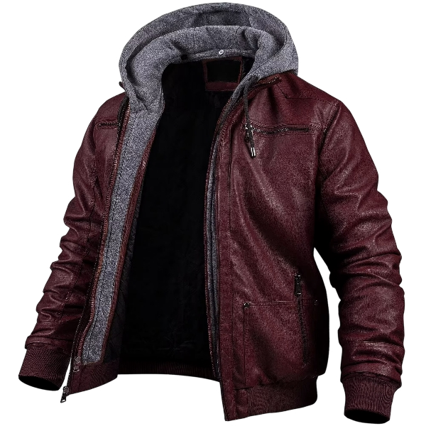 Men’s Wine Red Faux Leather Jacket - Image 2