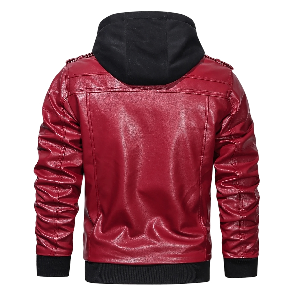 Men’s Leather Moto Jacket Removable Hood Red - Image 4