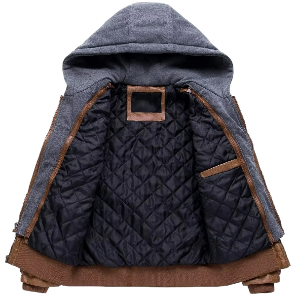 Men’s Leather Biker Jacket Adjustable Hood Brown - Image 3